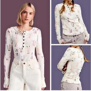 Free People Movement Top Rally Layer Top Ski Printed Ribbed Henley Long Sleeve